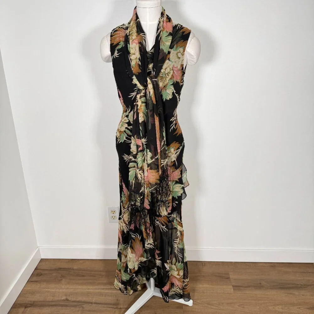 Vintage 90s Maxi Dress Floral Black Beaded Matching Scarf Fairy Feminine M - Picture 2 of 16